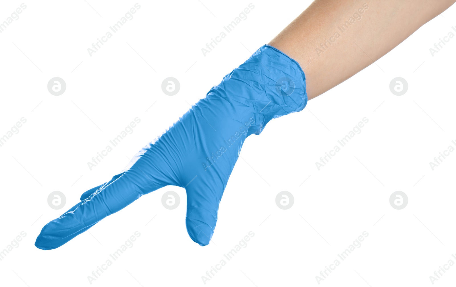 Photo of Woman in blue latex gloves on white background, closeup of hand