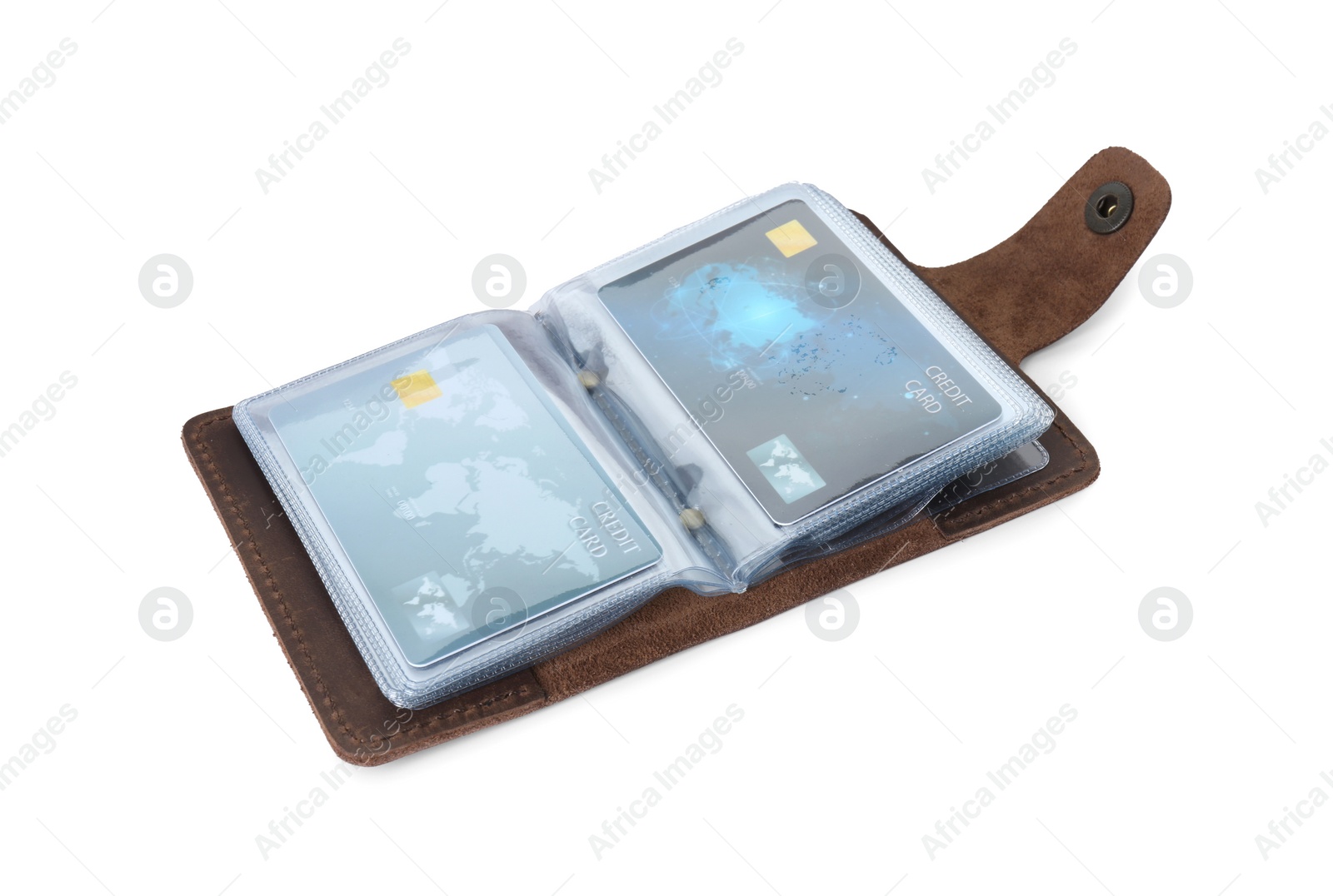 Photo of Brown card holder with plastic credit cards isolated on white