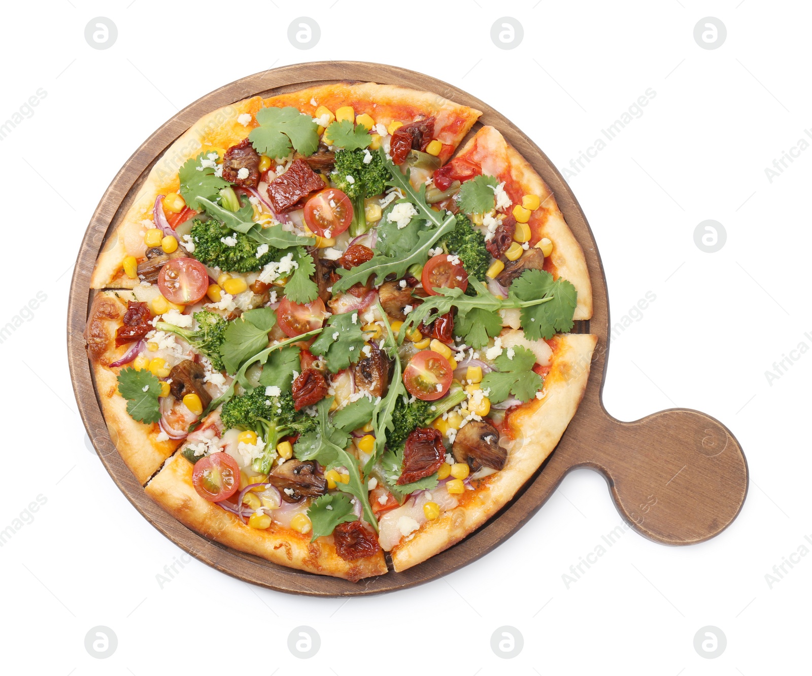 Photo of Delicious vegetarian pizza with cheese, mushrooms, vegetables and greens isolated on white, top view