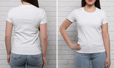 Woman wearing white t-shirt near brick wall, back and front view. Mockup for design