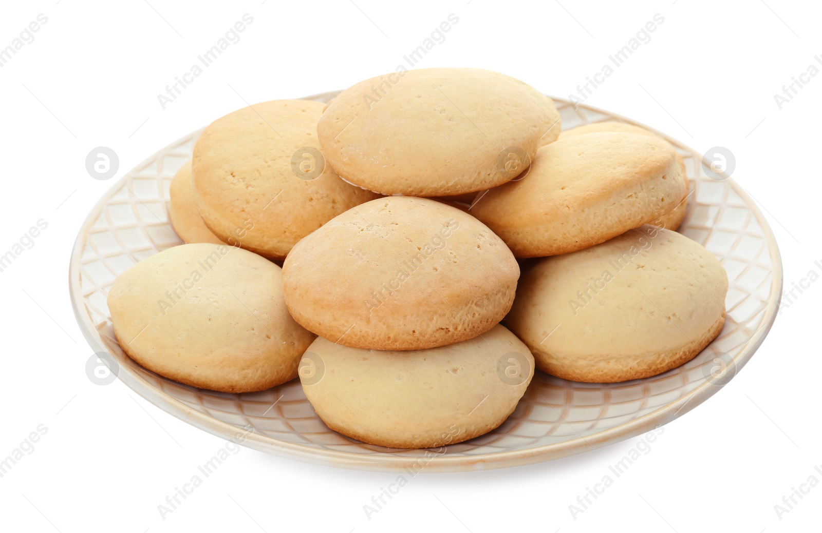 Photo of Plate with cookies for Islamic holidays isolated on white. Eid Mubarak