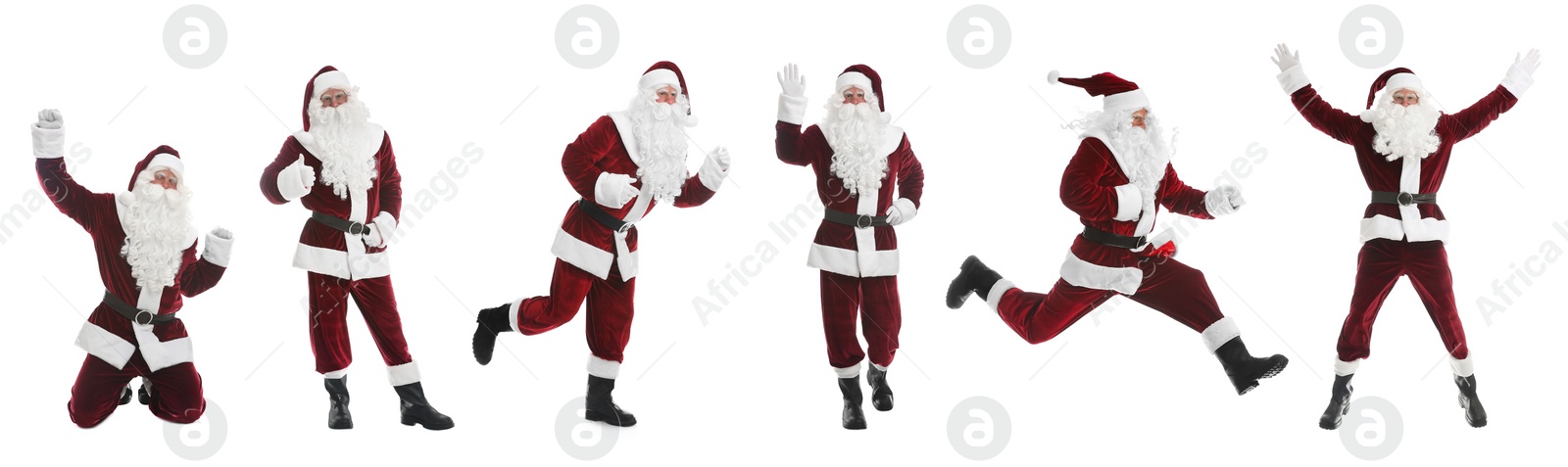 Image of Collage with photos of Santa Claus on white background. Banner design