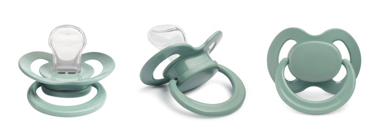 Image of Collage of pale green baby pacifier on white background, views from different sides