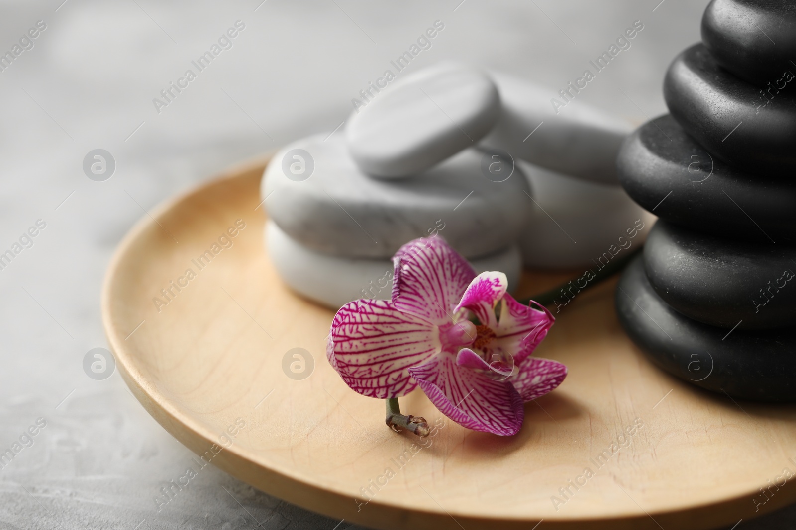 Photo of Spa stones and orchid flower on grey table, closeup