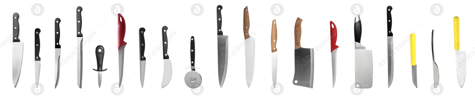 Image of Set with different knives on white background, banner design. Cooking utensils