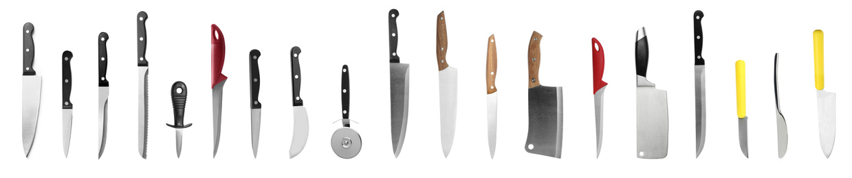 Image of Set with different knives on white background, banner design. Cooking utensils