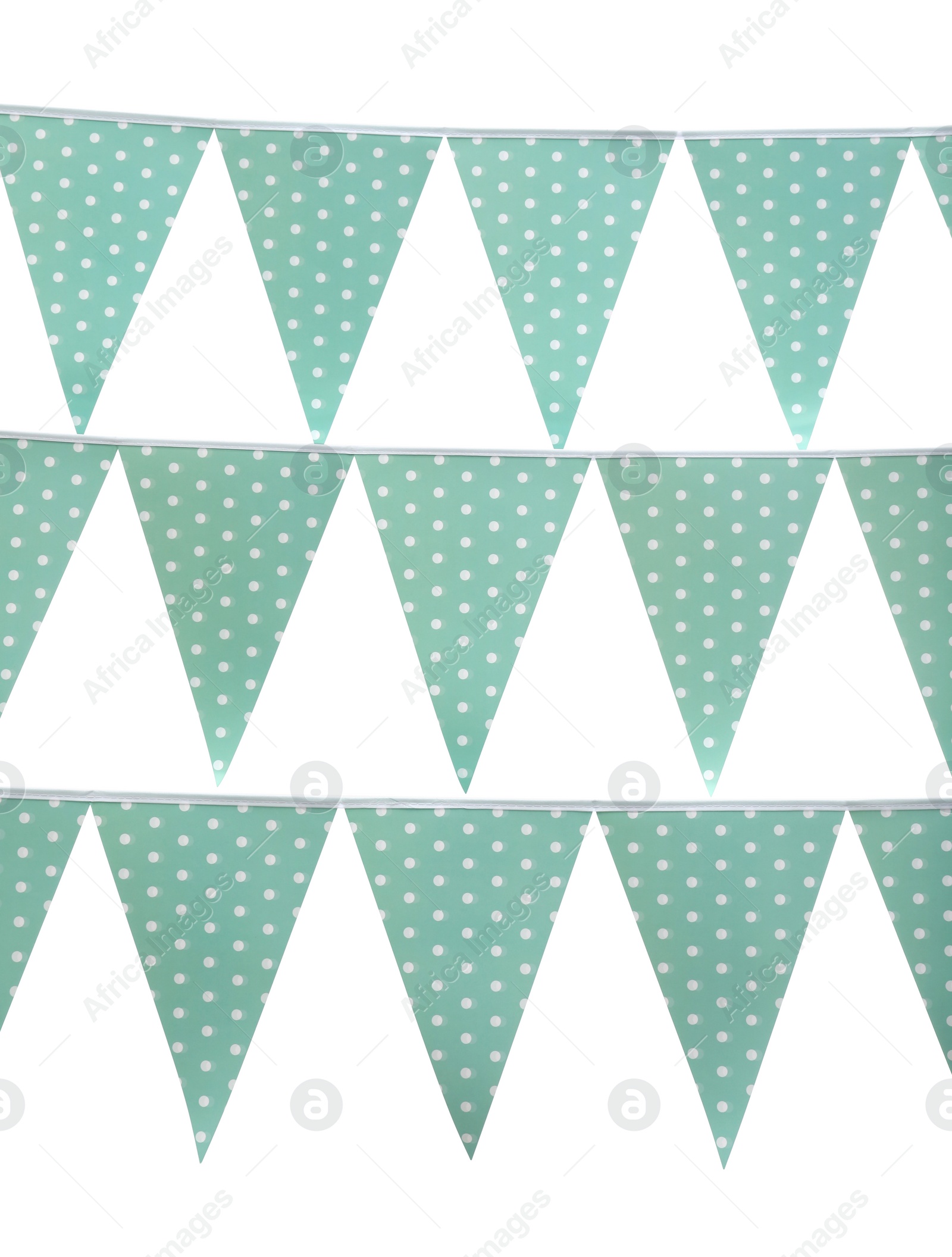 Photo of Rows of triangular bunting flags on white background. Festive decor