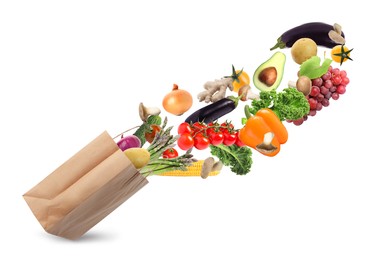 Image of Paper bag with vegetables and fruits on white background. Vegetarian food 