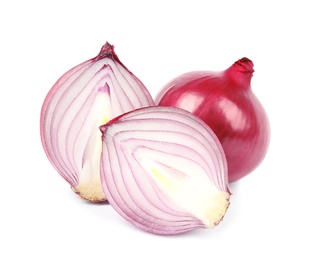 Photo of Fresh whole and cut red onions on white background