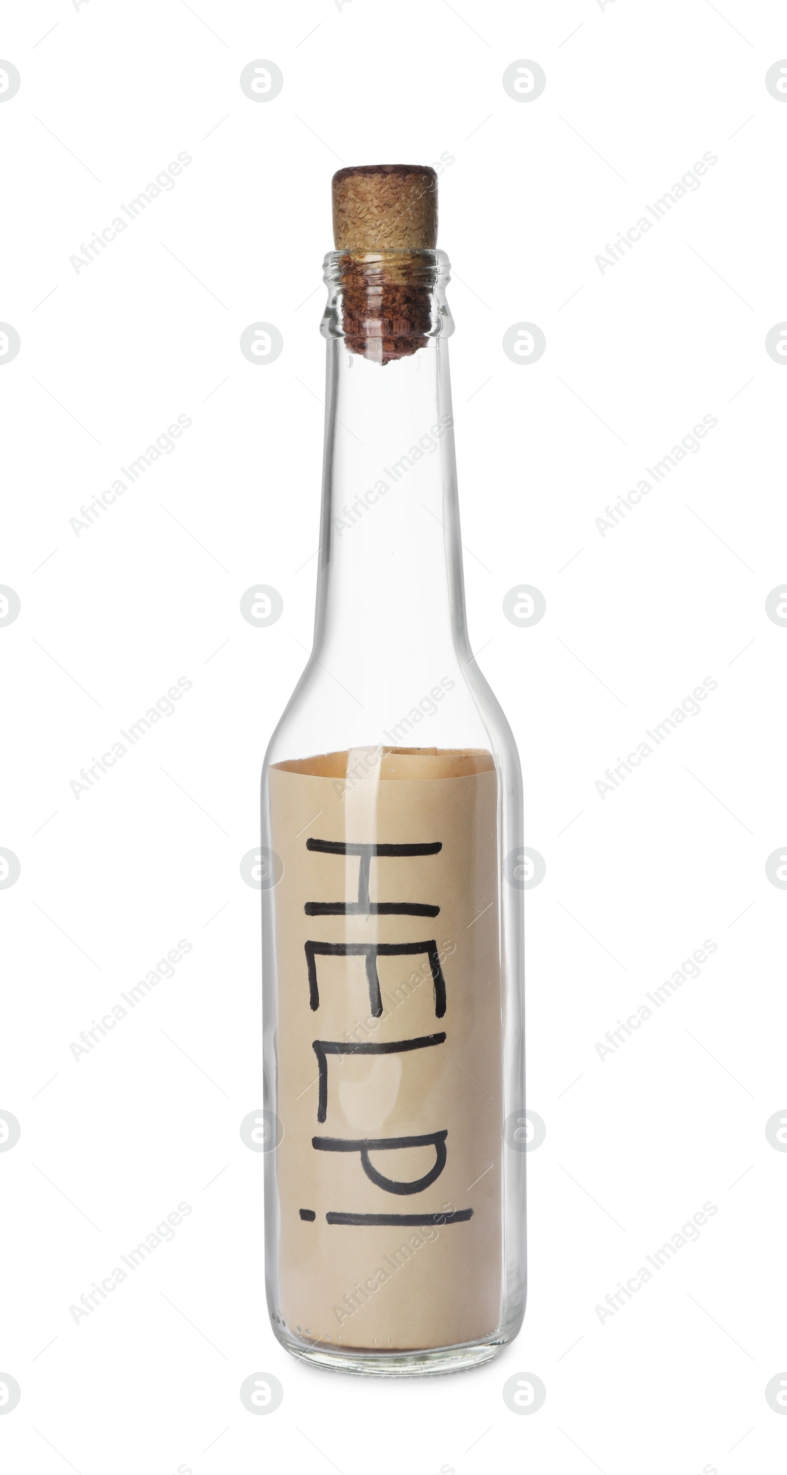 Photo of Message Help in corked glass bottle isolated on white