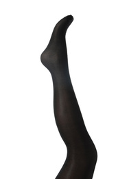 Leg mannequin in black tights on white background
