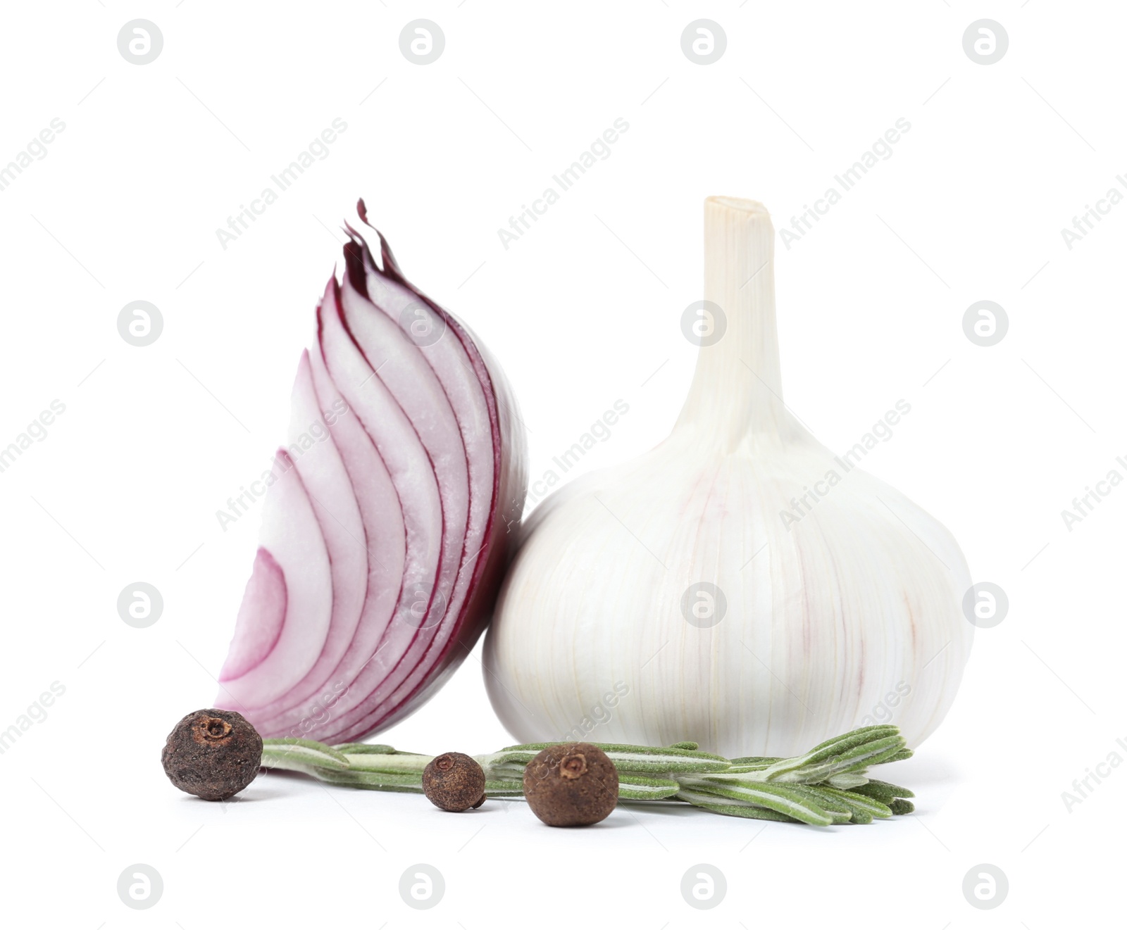 Photo of Garlic, onion, allspice and rosemary on white background