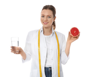 Photo of Nutritionist with glass of water and grapefruit on white background