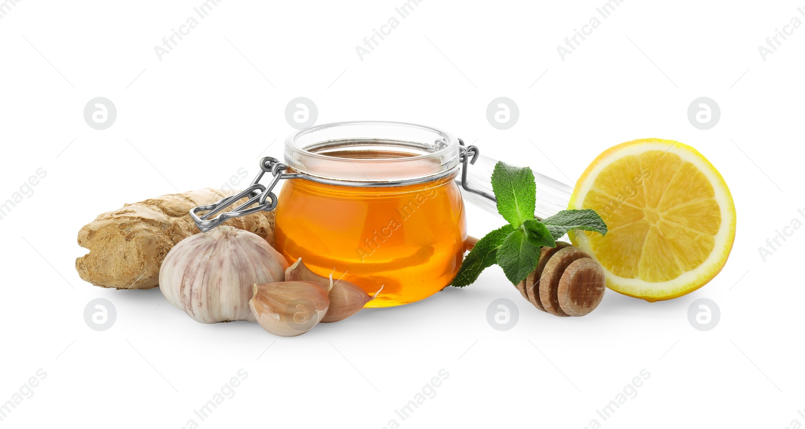 Photo of Natural cold remedies on white background. Cough treatment