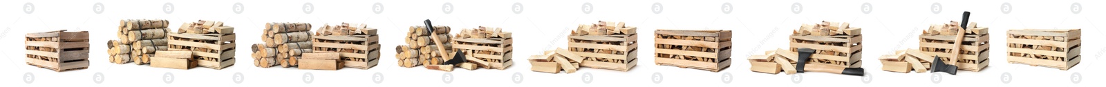 Image of Set of cut firewood bunches on white background. Banner design