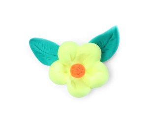 Photo of Yellow flower with leaves made from play dough on white background, top view