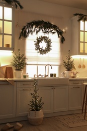 Small Christmas trees and festive decor in kitchen