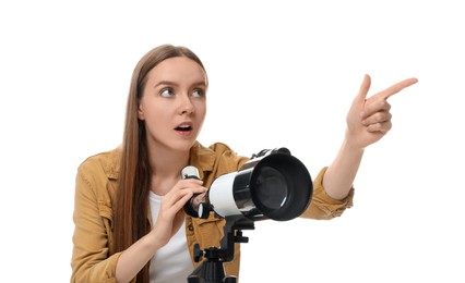 Surprised astronomer with telescope pointing at something on white background