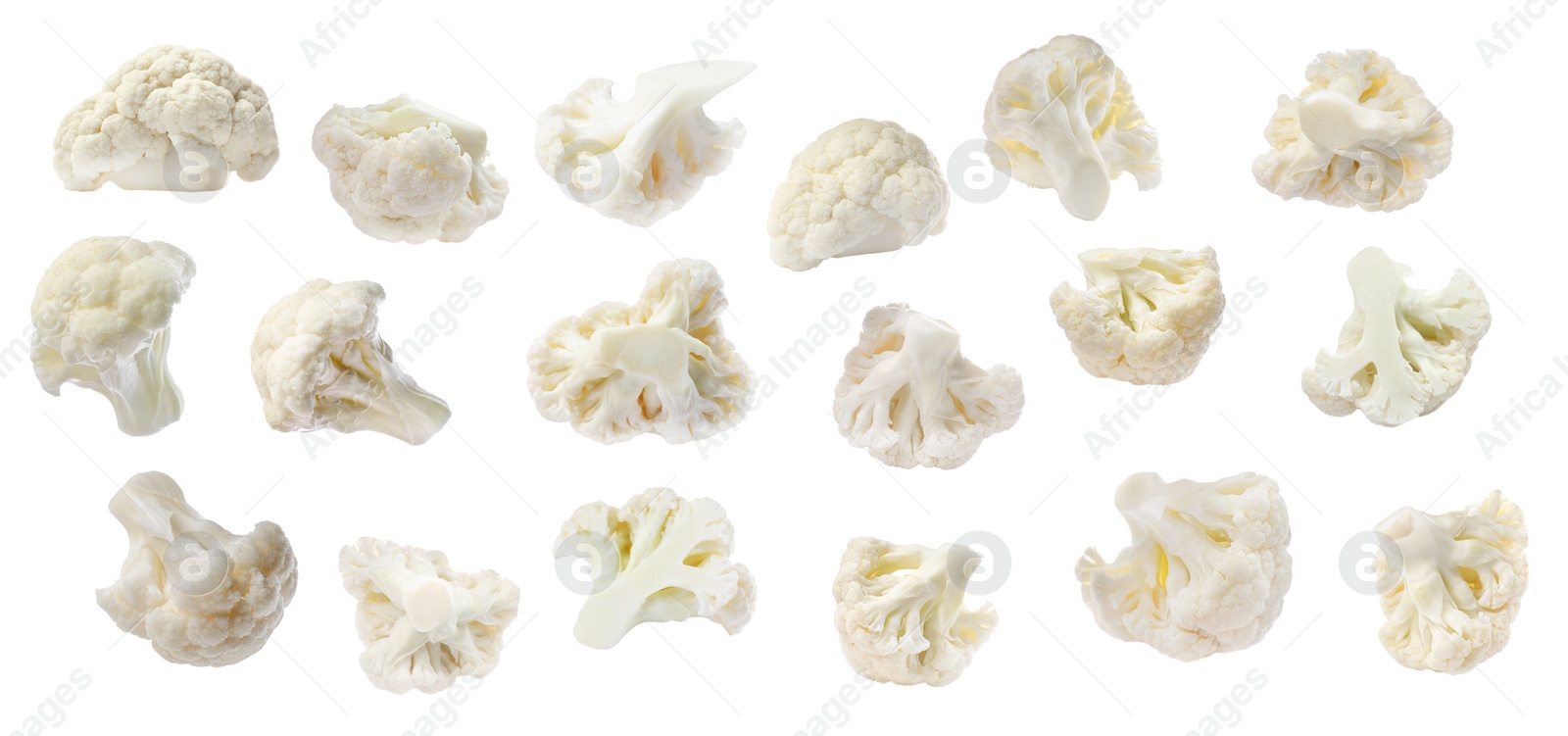 Image of Set of fresh cauliflower florets on white background