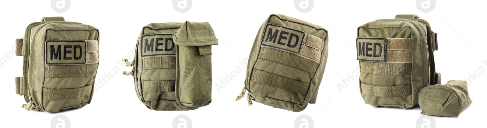 Image of Collage with military first aid kit on white background, banner design