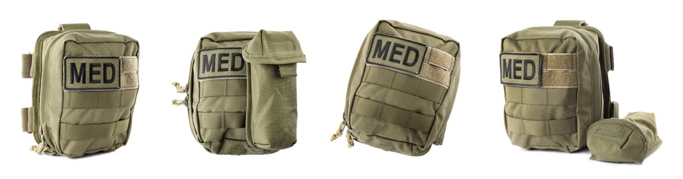 Image of Collage with military first aid kit on white background, banner design