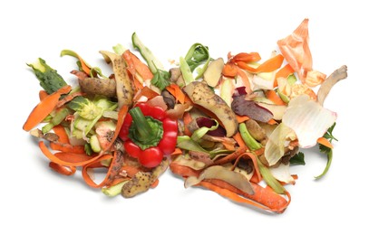 Peels of fresh vegetables isolated on white, top view