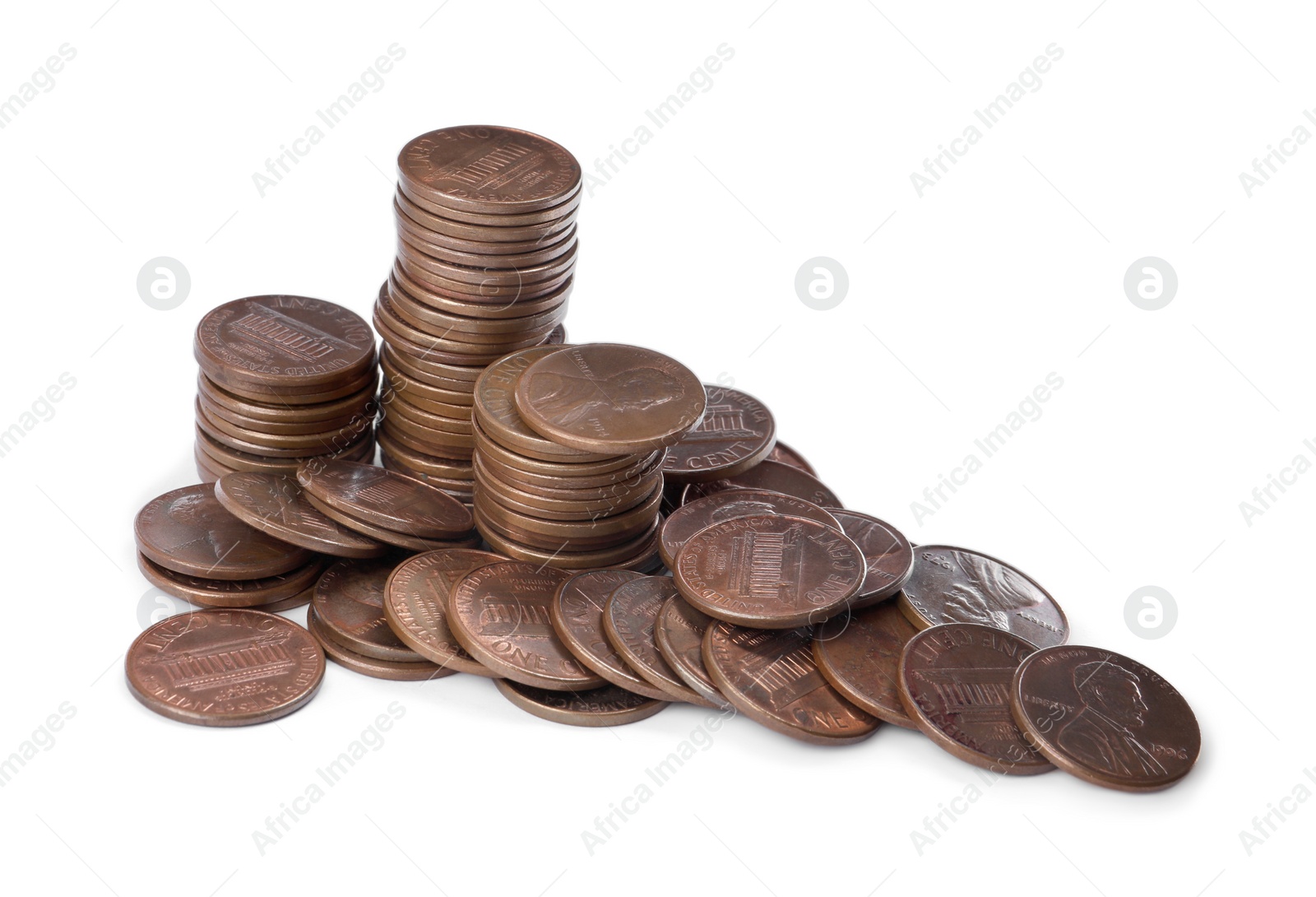 Photo of Pile of American coins on white background