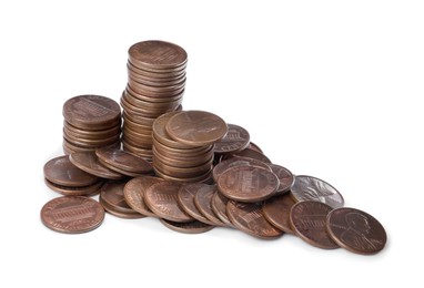 Photo of Pile of American coins on white background