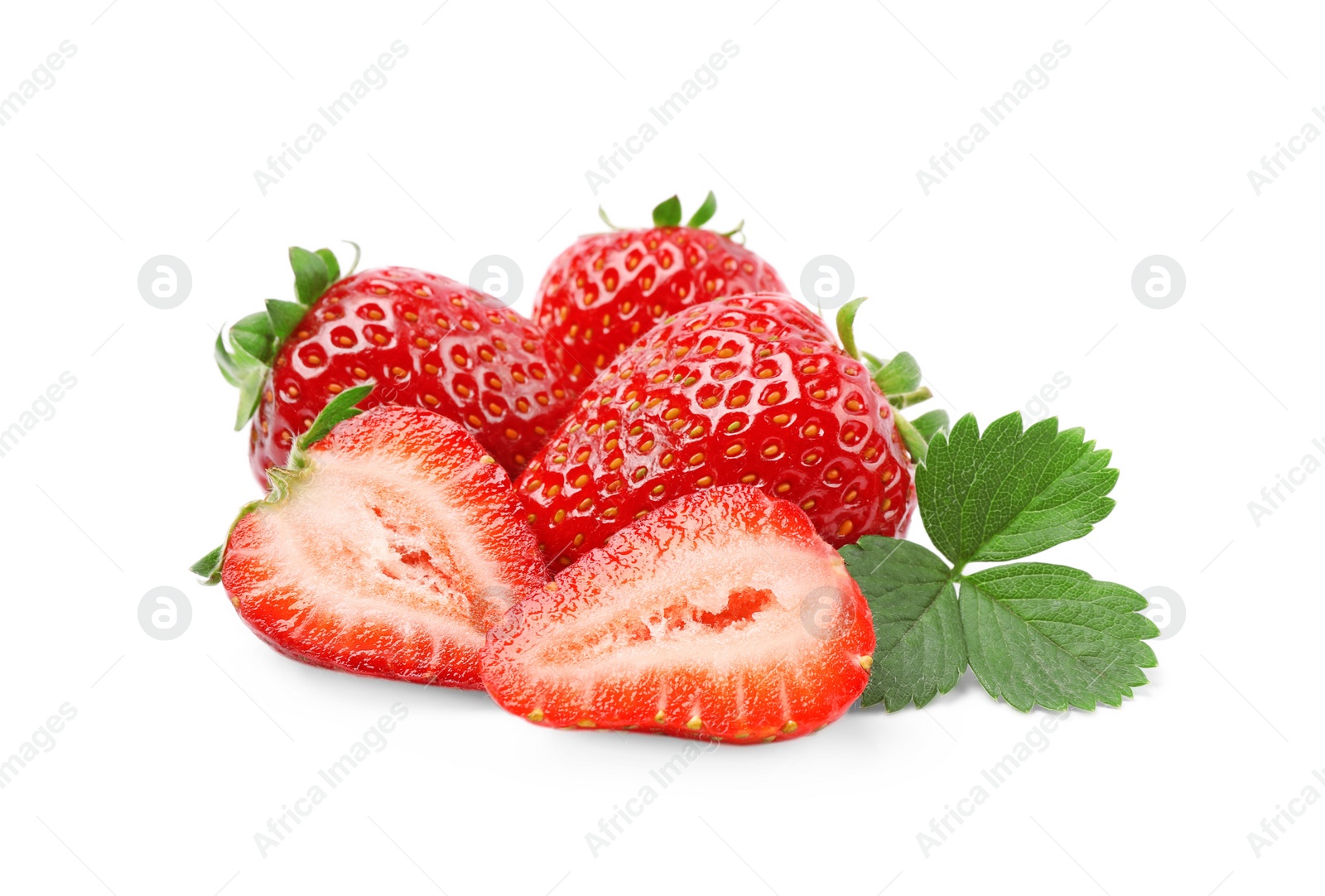 Photo of Delicious whole and cut strawberries with green leaf on white background