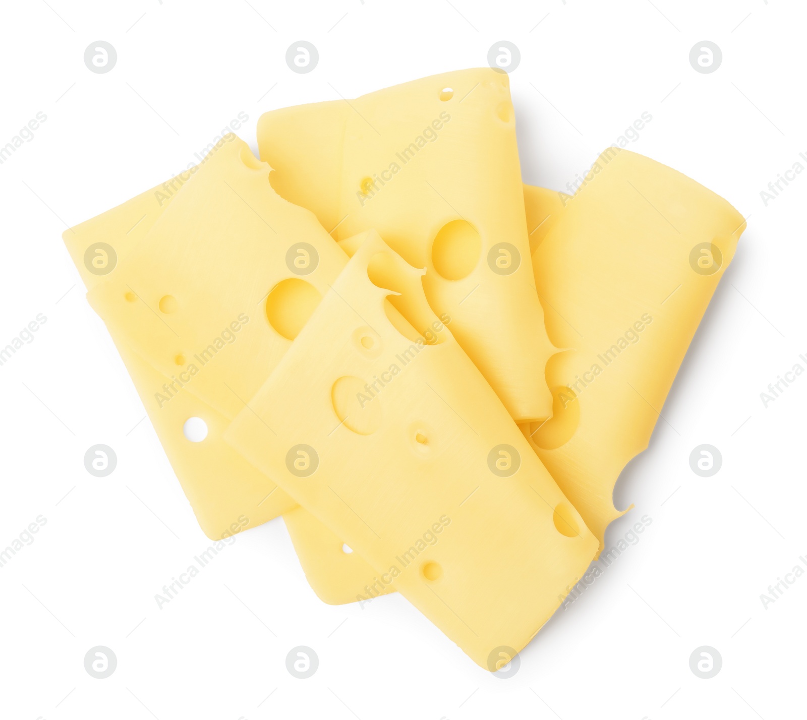 Photo of Slices of tasty fresh cheese isolated on white, top view