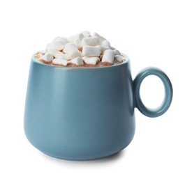 Delicious cocoa drink with marshmallows on white background
