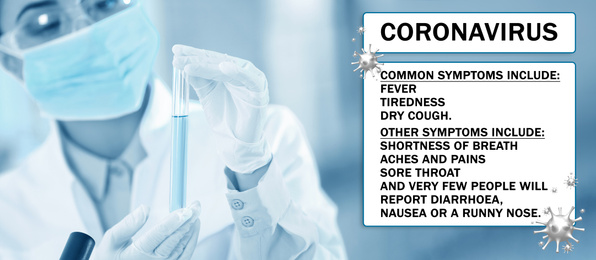Image of Scientist with sample in test tube at laboratory and list of coronavirus symptoms