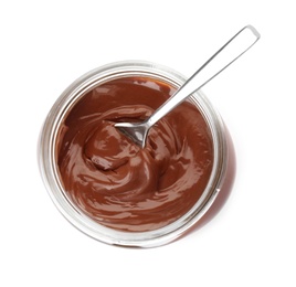 Glass jar with tasty chocolate cream and spoon isolated on white, top view