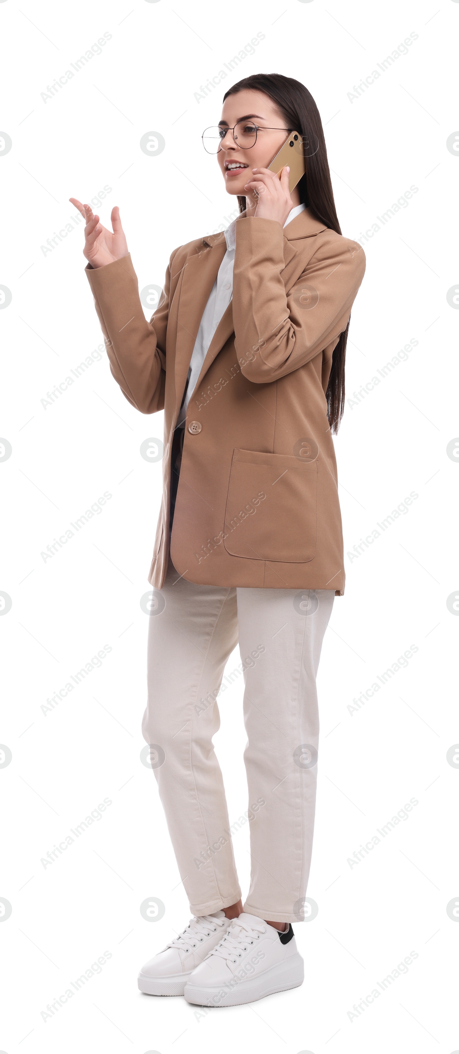 Photo of Beautiful businesswoman talking on smartphone against white background