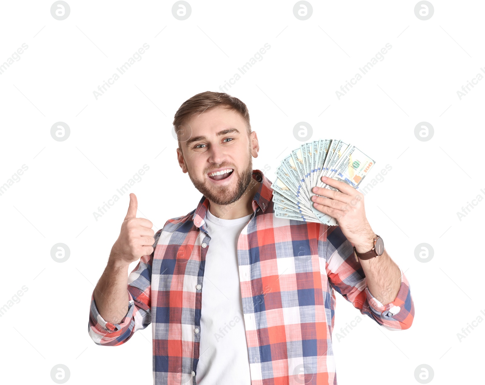 Photo of Portrait of young man holding money banknotes on white background