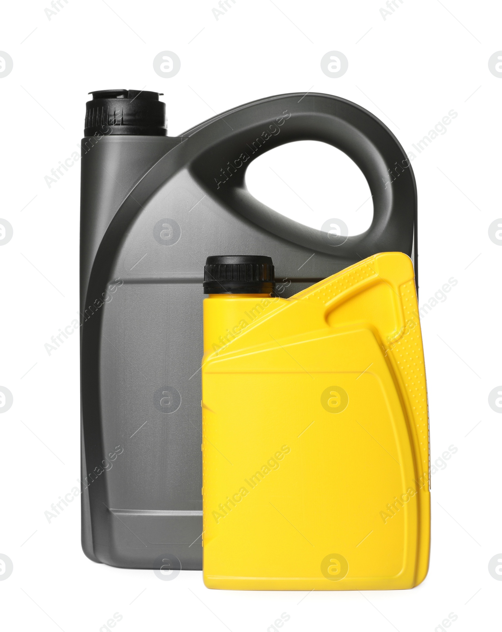 Photo of Motor oil in different containers on white background