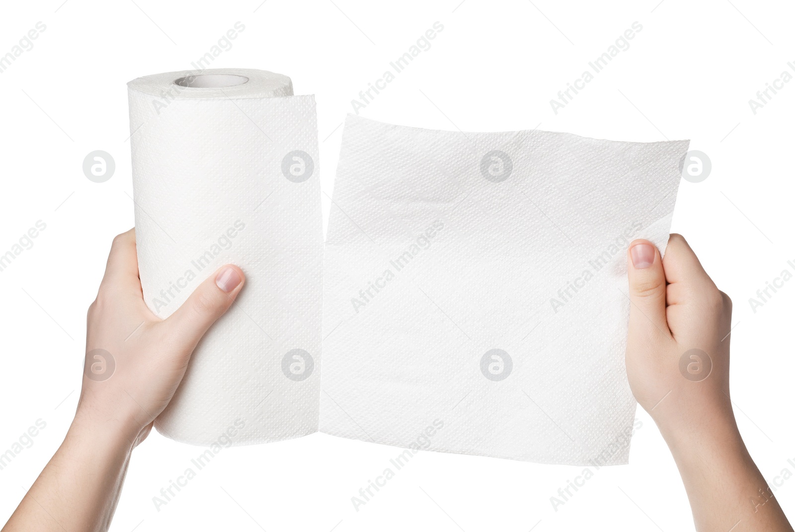 Photo of Woman tearing paper towels on white background, closeup