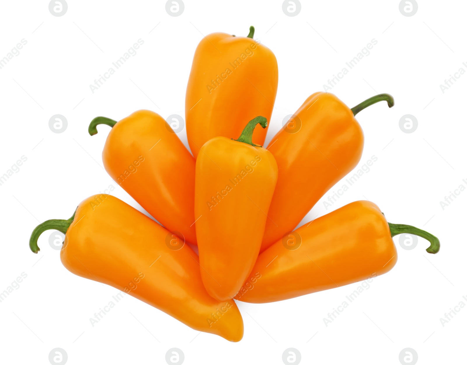 Photo of Fresh raw orange hot chili peppers on white background, top view