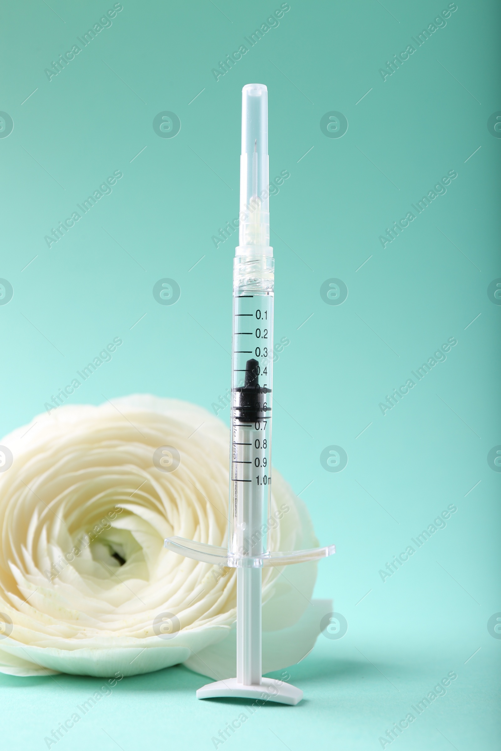 Photo of Cosmetology. Medical syringe and ranunculus flower on turquoise background