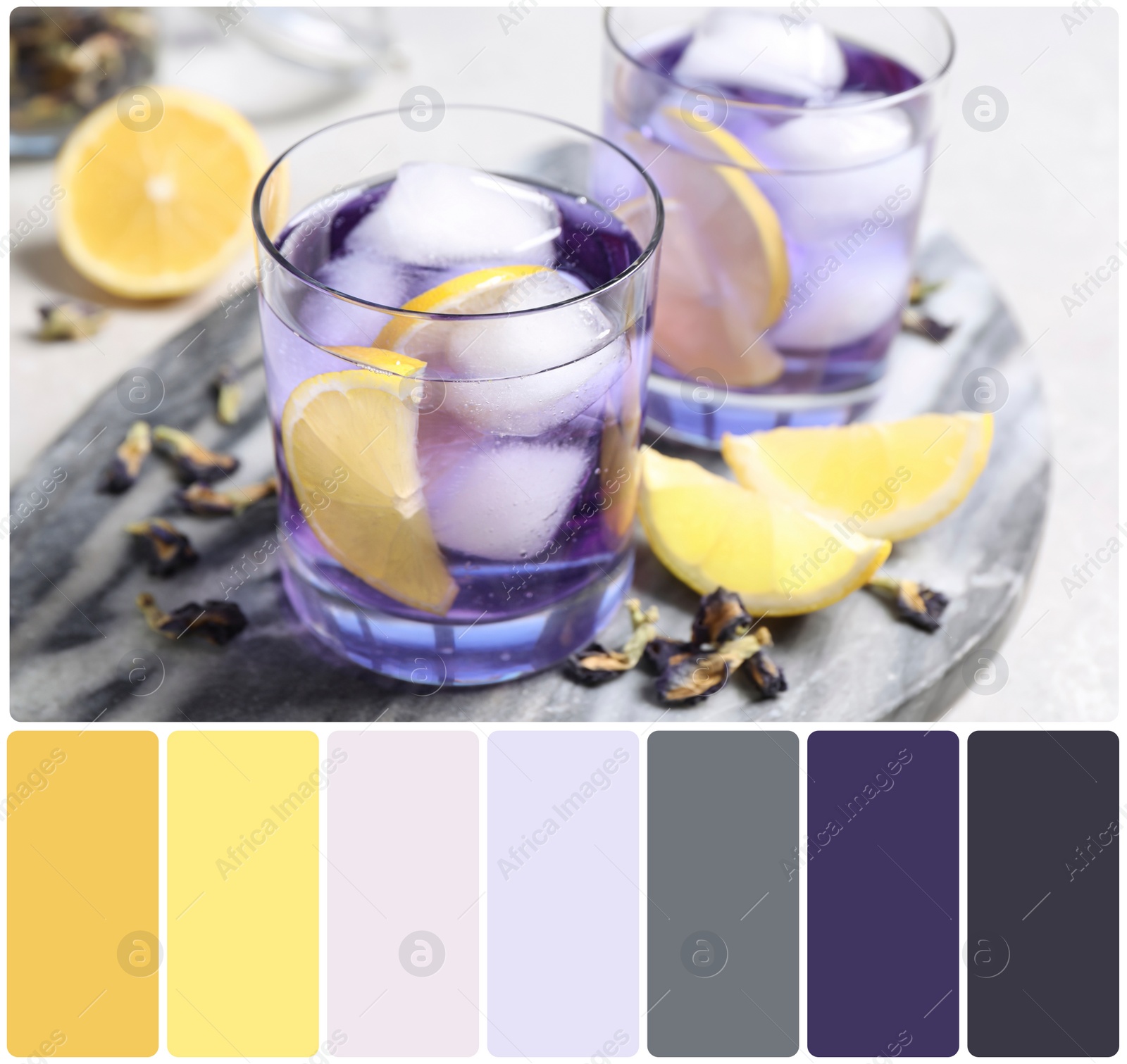Image of Organic blue Anchan with lemon on table and color palette. Collage