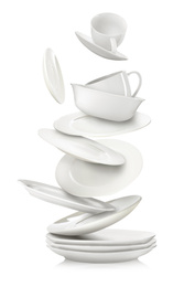 Image of Set of clean dishes and cups in flight on white background