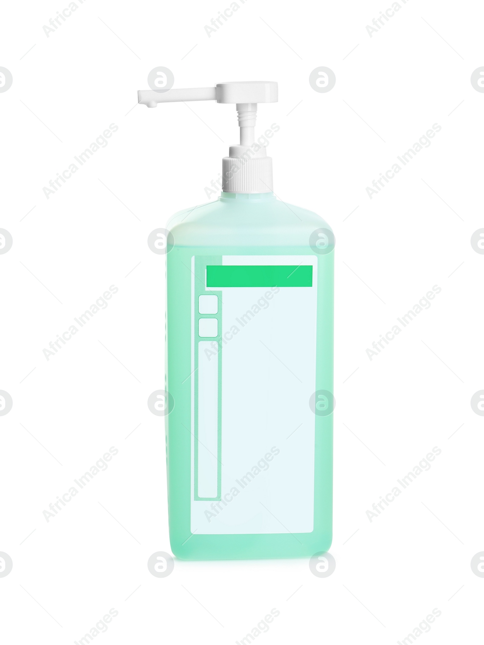 Photo of Dispenser bottle with green antiseptic gel isolated on white