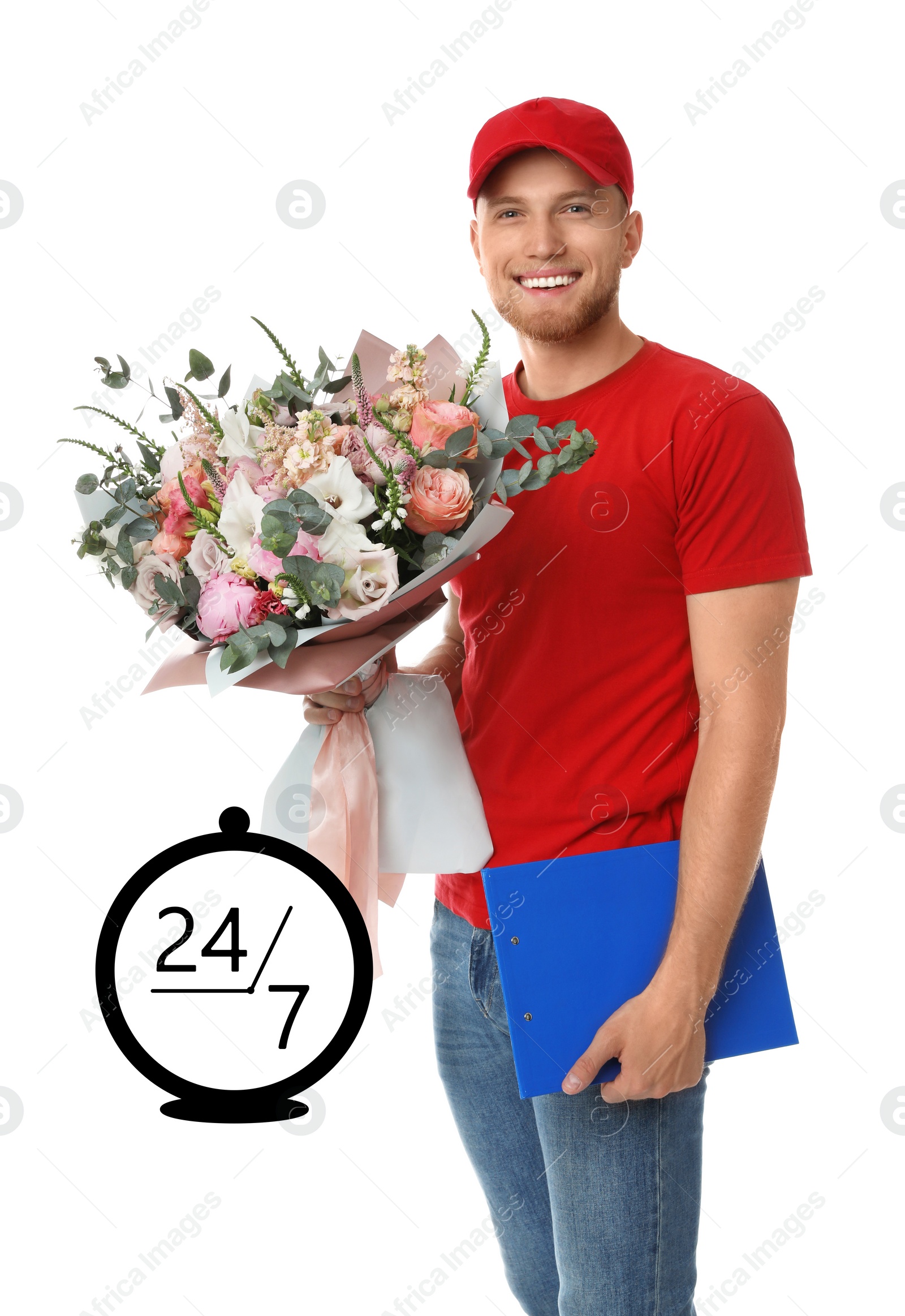 Image of 24/7 service. Delivery man with beautiful flower bouquet on white background. Illustration of clock