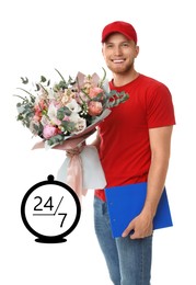 24/7 service. Delivery man with beautiful flower bouquet on white background. Illustration of clock