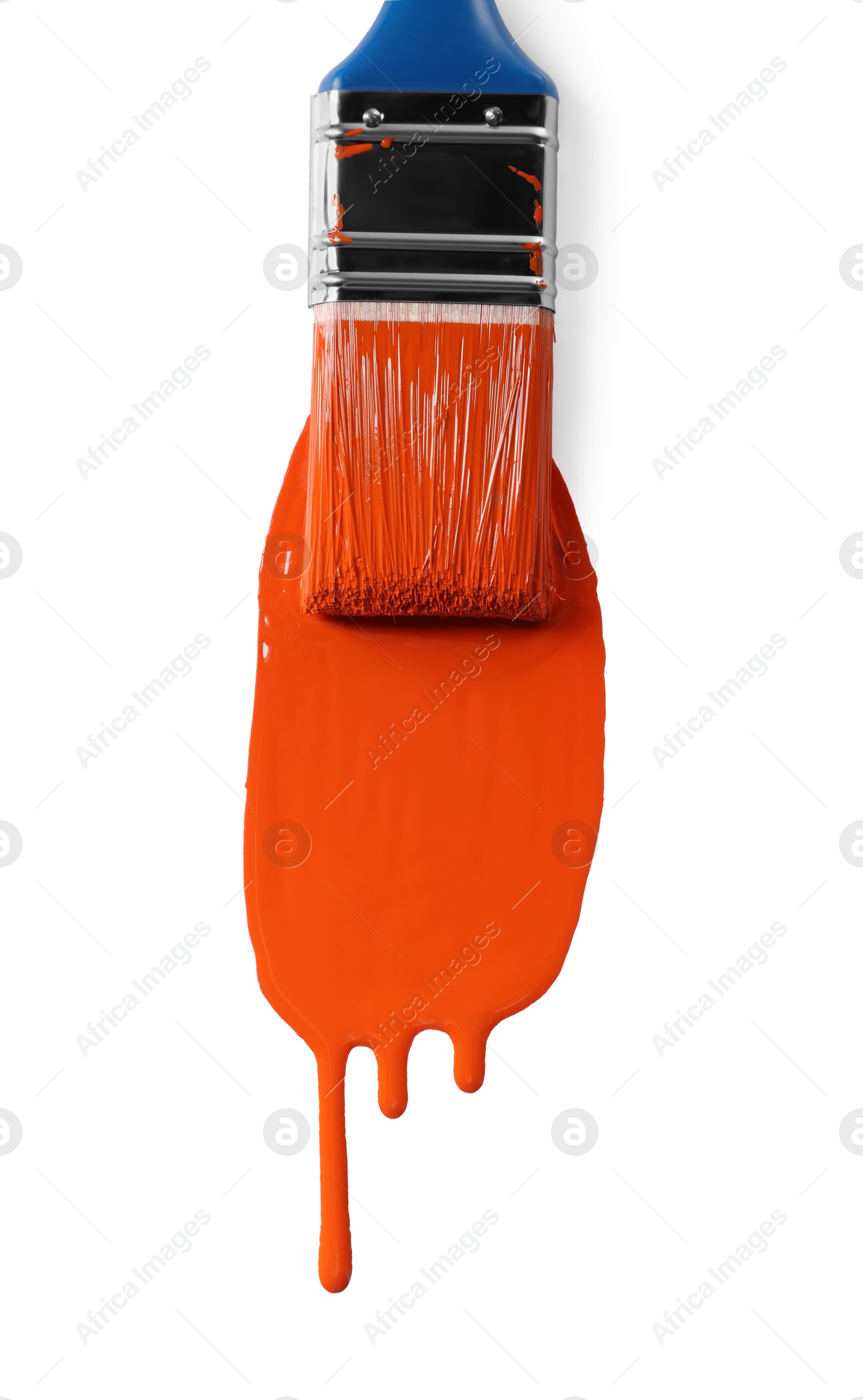 Photo of Brush with orange paint on white background