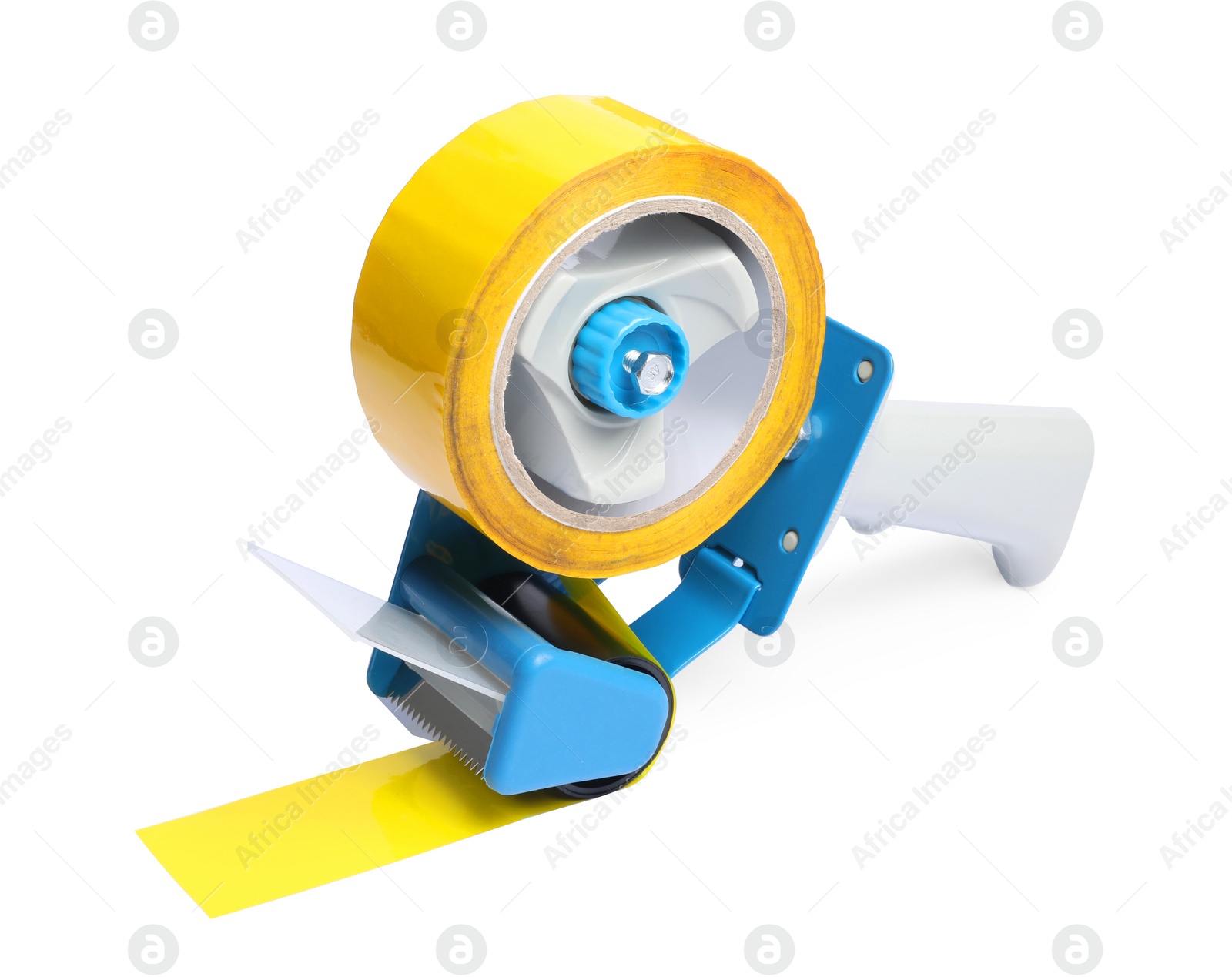 Photo of Handheld dispenser with roll of adhesive tape isolated on white