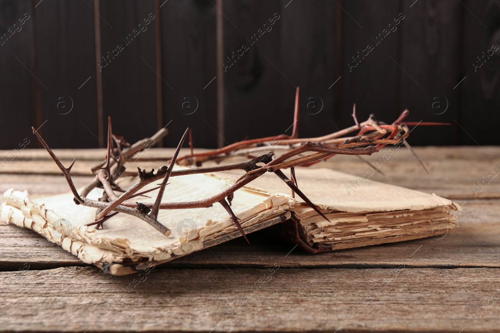 Photo of Crown of thorns and Bible on wooden table, closeup