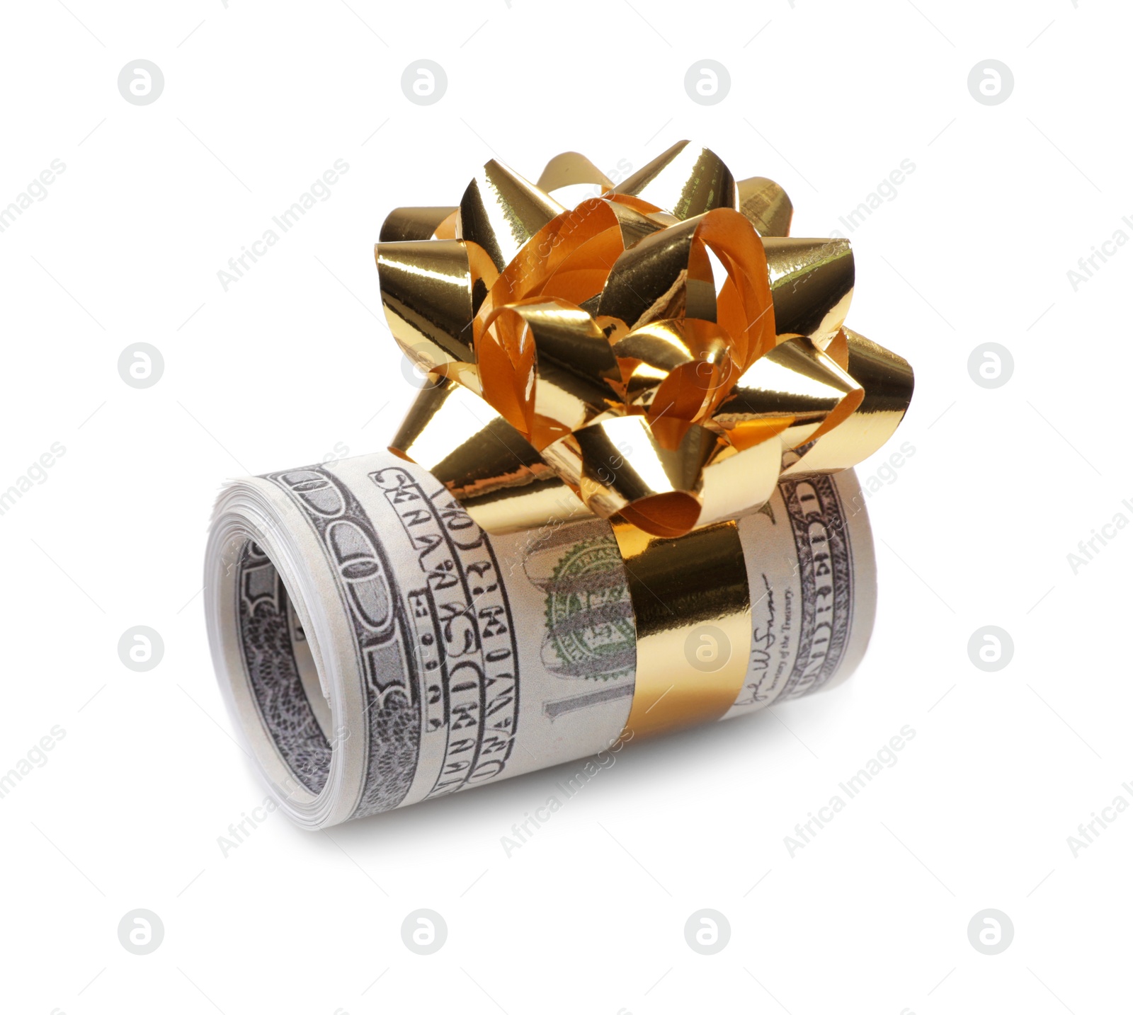 Photo of Roll of dollar bills with bow on white background