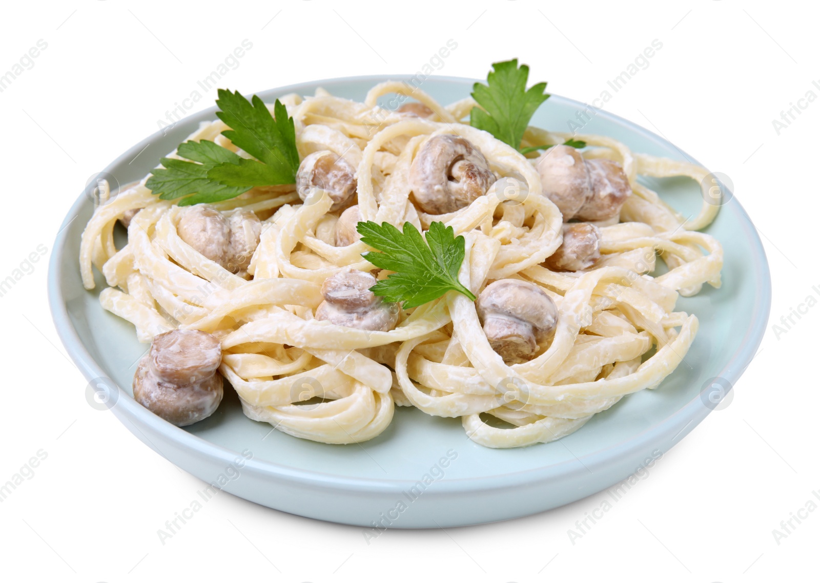 Photo of Delicious pasta with mushrooms on white background