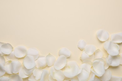Photo of Beautiful white rose flower petals on beige background, flat lay. Space for text